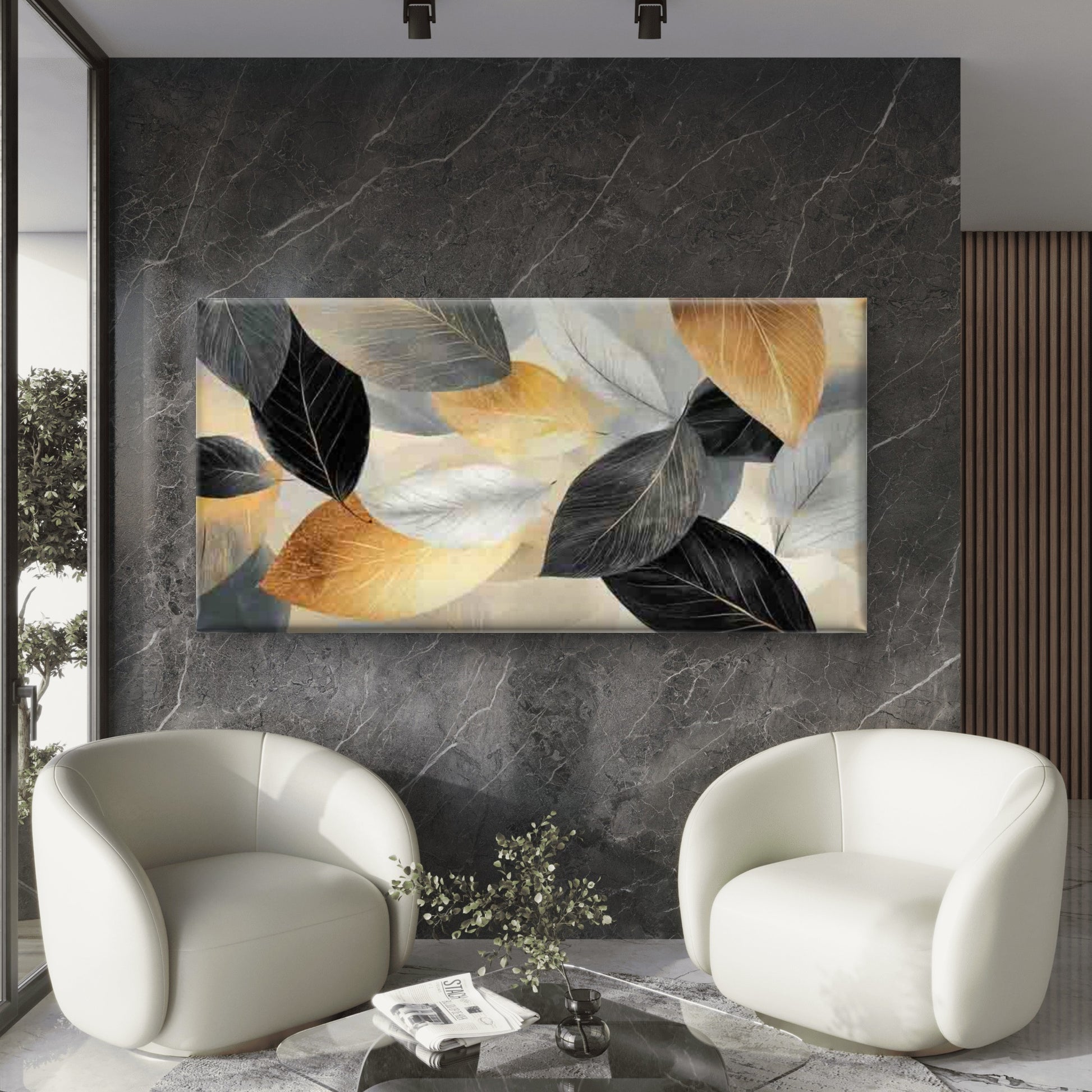 Golden Leaves Abstract Wall Art Canvas Office Home Room Framed 120x60cm - Bella Home Decor