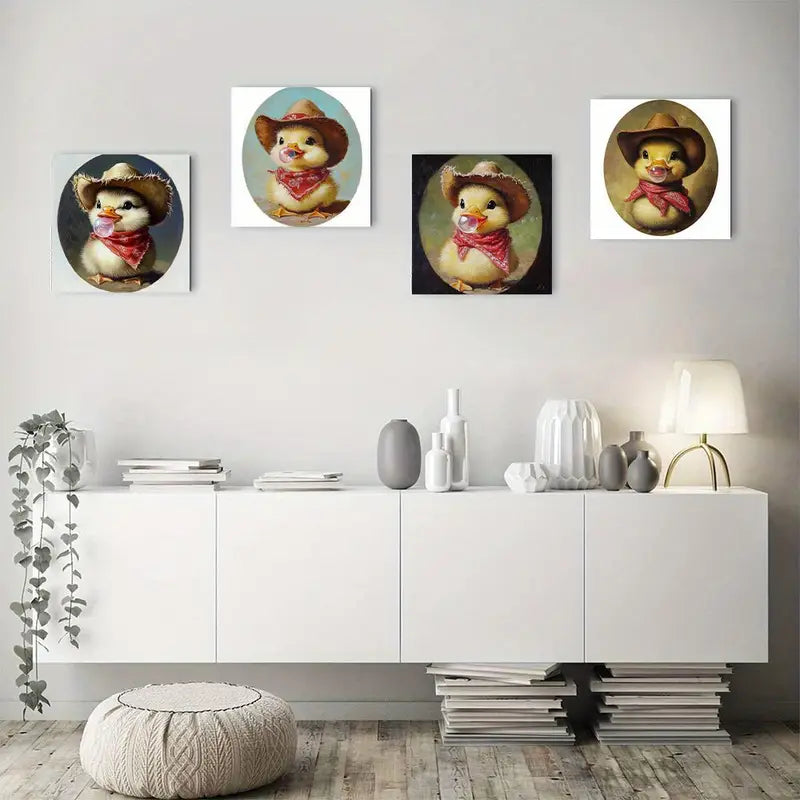 4pcs Vintage Western Cowboy Duck Wall Art Canvas Framed