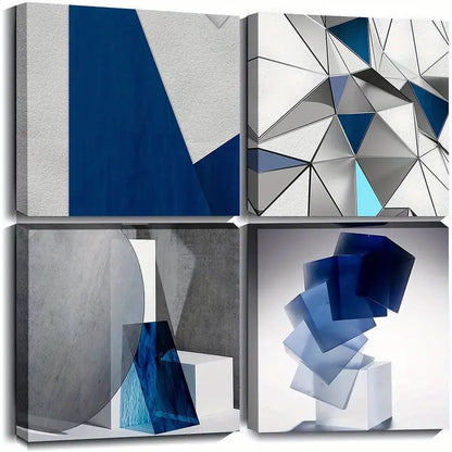 4pcs Blue And White Abstract Wall Art Canvas Framed