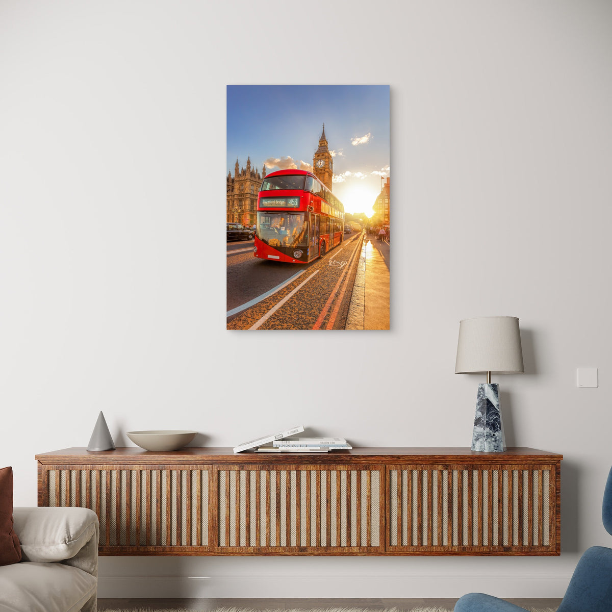 Big Ben London Red Double Decker Bus Sunset 40x60cm Metal Print Ready to Hang