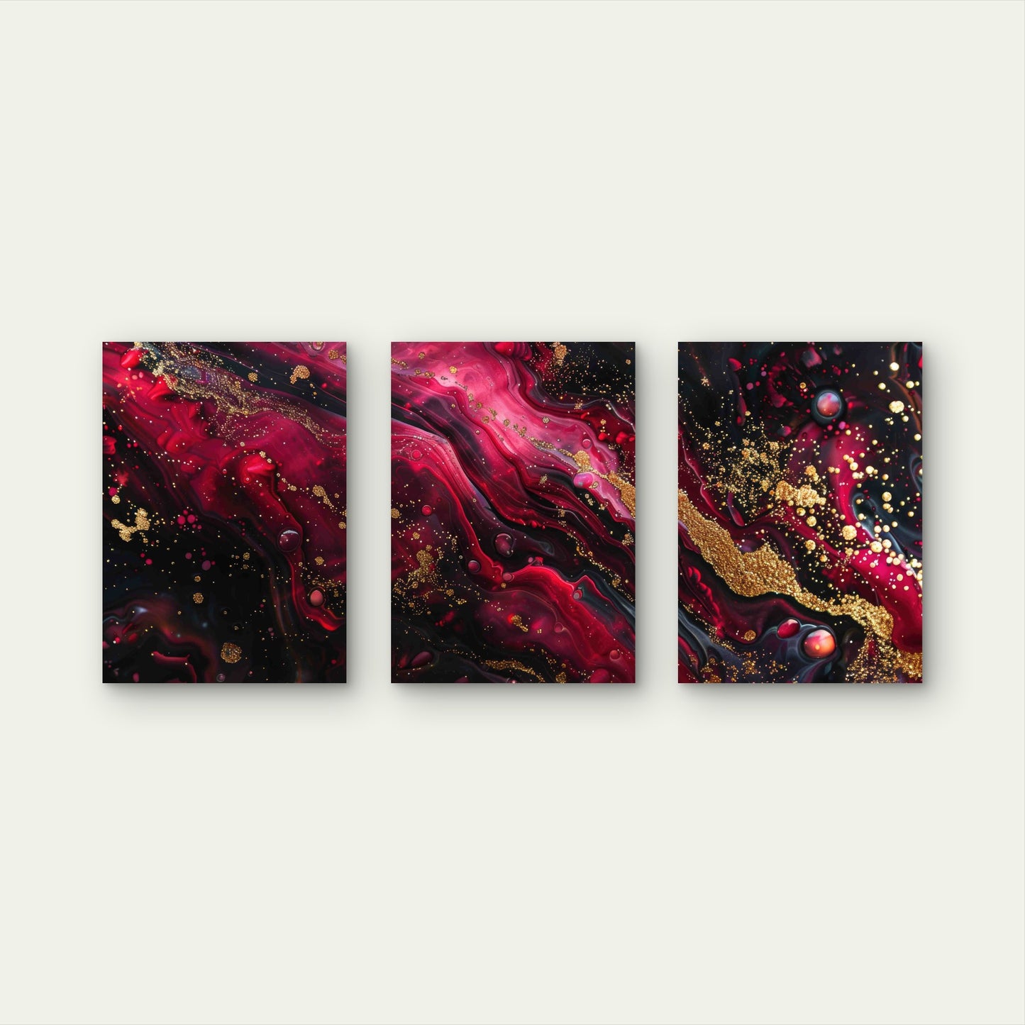 3pcs Red Black Marble With Gold Hues Metal Print Ready to Hang Art - Bella Home Decor