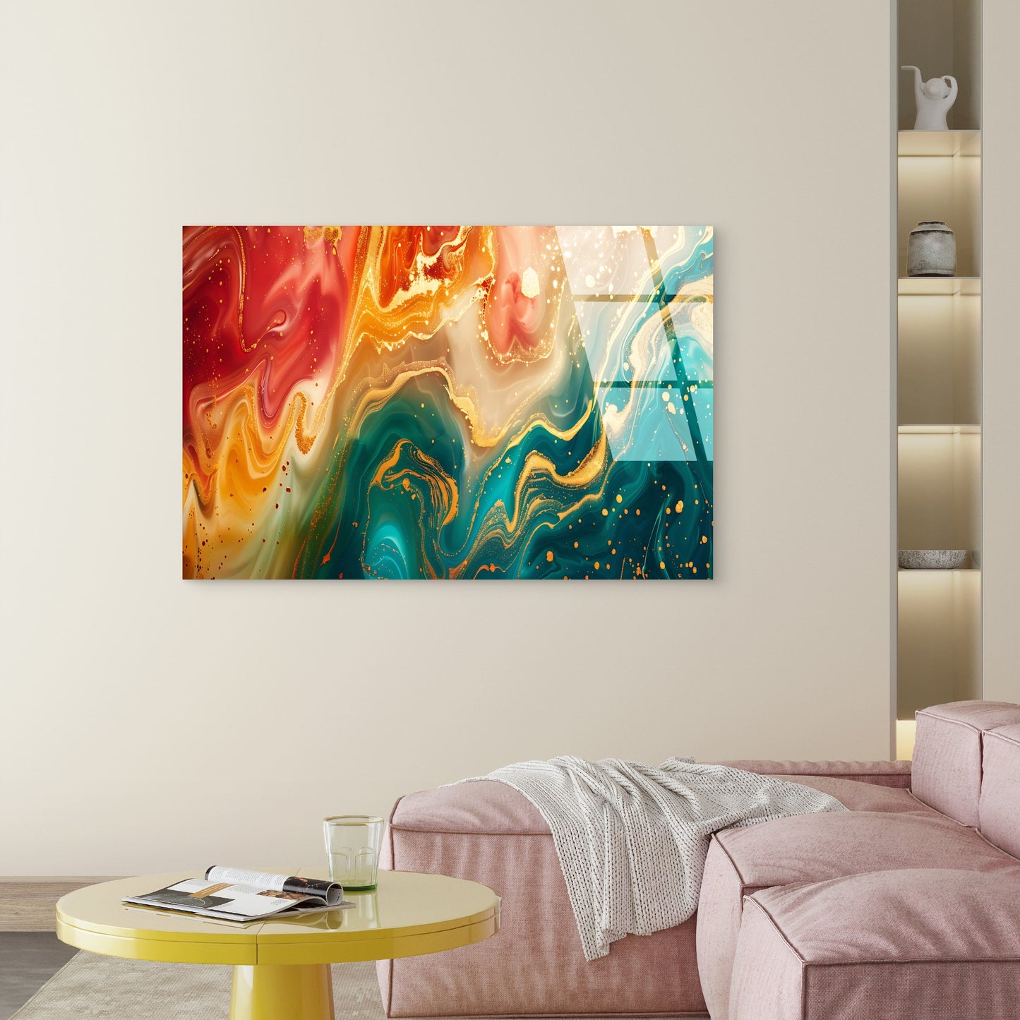 Abstract Red Emerald Teal Fluid Ink Acrylic Glass Printing Wall Art Australian Made Quality
