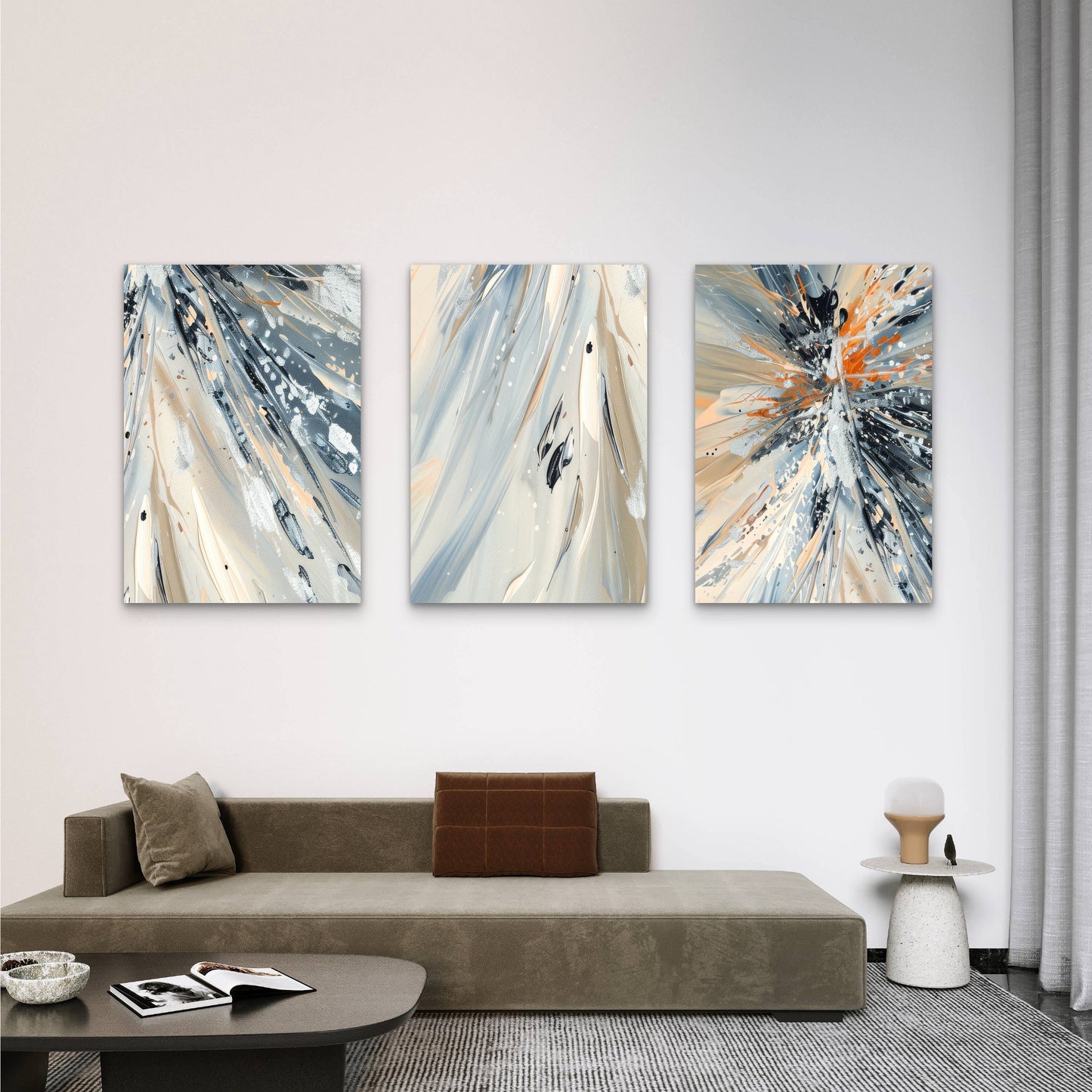 3pcs Beige Grey Orange Splash Abstract  Wall Art Set Canvas Framed 50x70cm - High Quality Print 100% Australian Made Wall Canvas Ready to Hang
