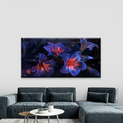 Mystical Blue Neon Flowers Wall Art Canvas Office Home Room Framed 120x60cm