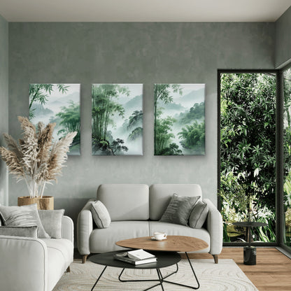 3pcs Zen Green Bamboo Forest Misty Mountain  Wall Art Set Canvas Framed 40x60cm - High Quality Print 100% Australian Made Wall Canvas Ready to Hang