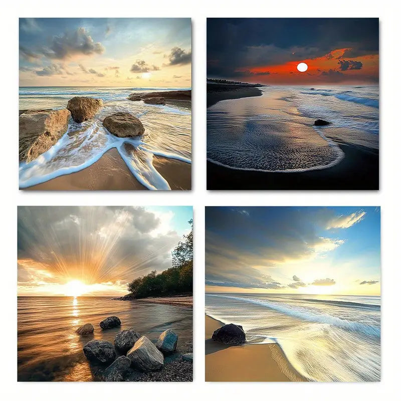 4pcs Modern Beach Sunset Seascape Wall Art Canvas Framed