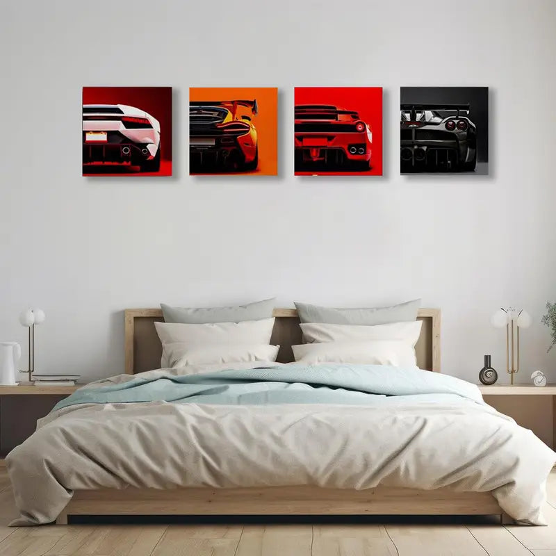 4pcs Cool Racing Garage Black And White Themed Wall Art Canvas Framed