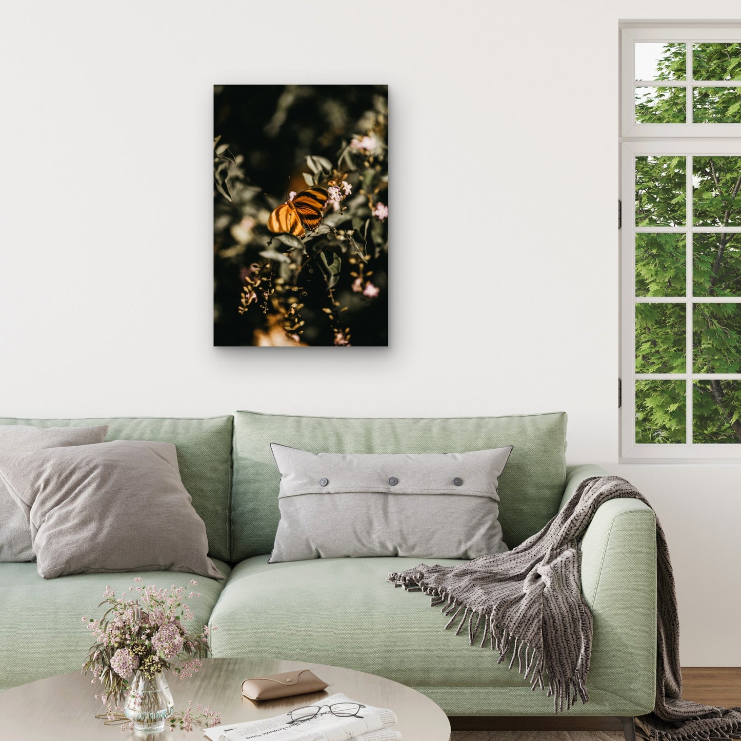 Striped Butterfly on Green Plant with Pink Flowers 40x60cm Metal Print Ready to Hang