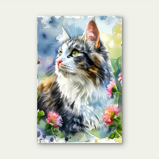 Watercolor Longhair Cat Garden Fluffy Kitten 40x60cm Metal Print Ready to Hang