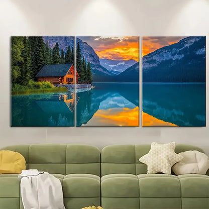 3pcs Mountain Lake Sunset Cabin Wall Art Set Canvas Framed 50x70cm - High Quality Print 100% Australian Made Wall Canvas Ready to Hang