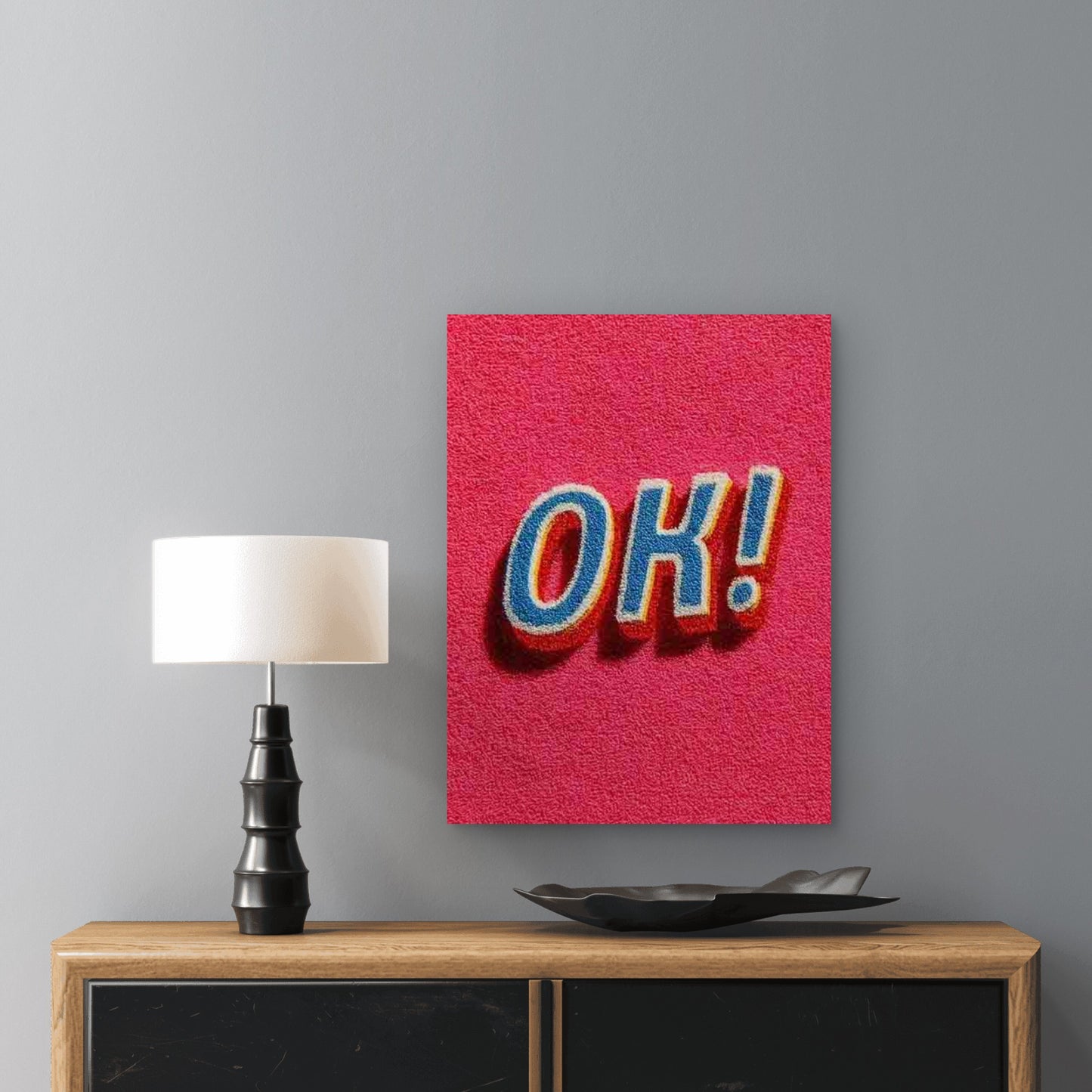 Pink & Red Typography with Bold 'OK!' 60x90cm Metal Print Ready to Hang