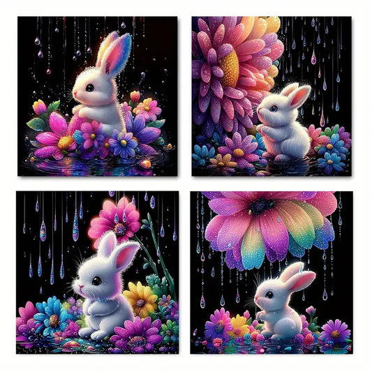 4pcs Vibrant Flower & Rabbit Designs, Watercolor Wall Art Canvas Framed