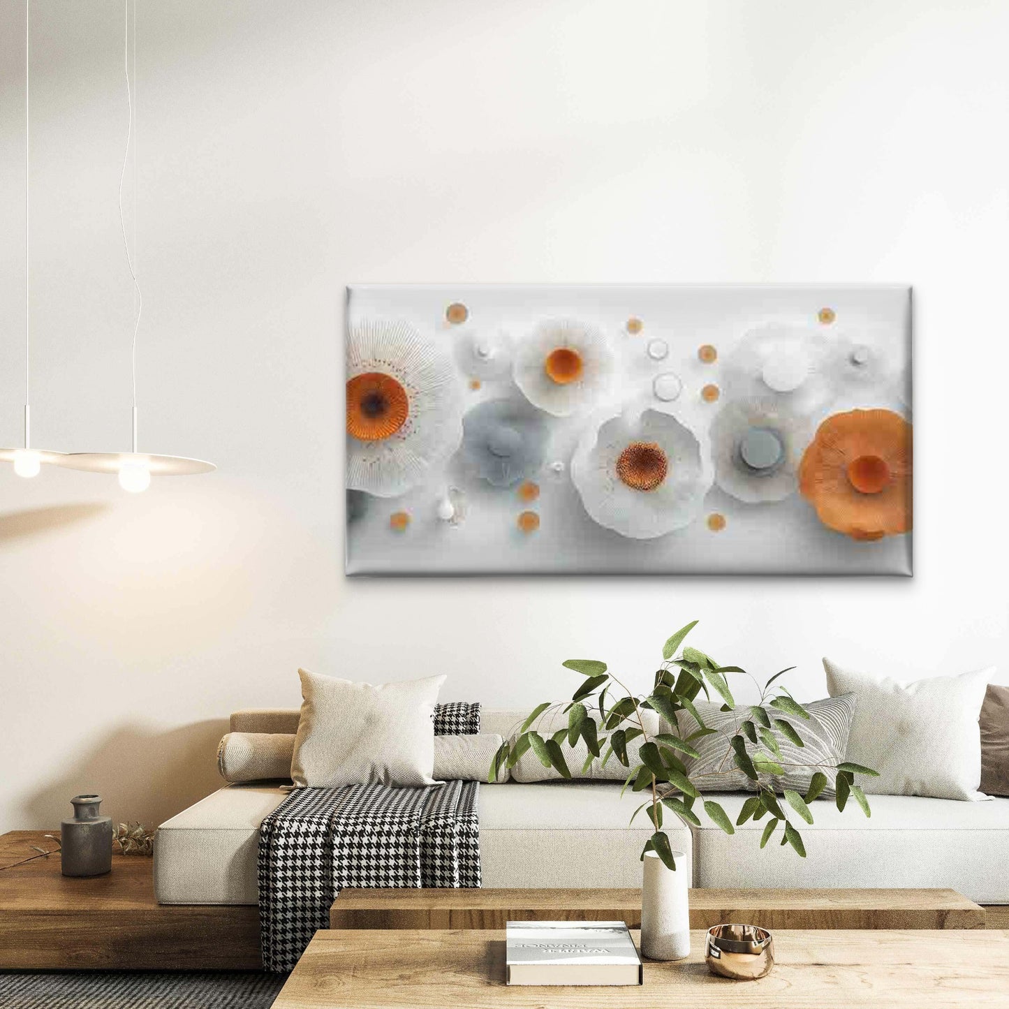 Abstract Floral Orange & White Wall Art Canvas Office Home Room Framed 120x60cm - Bella Home Decor