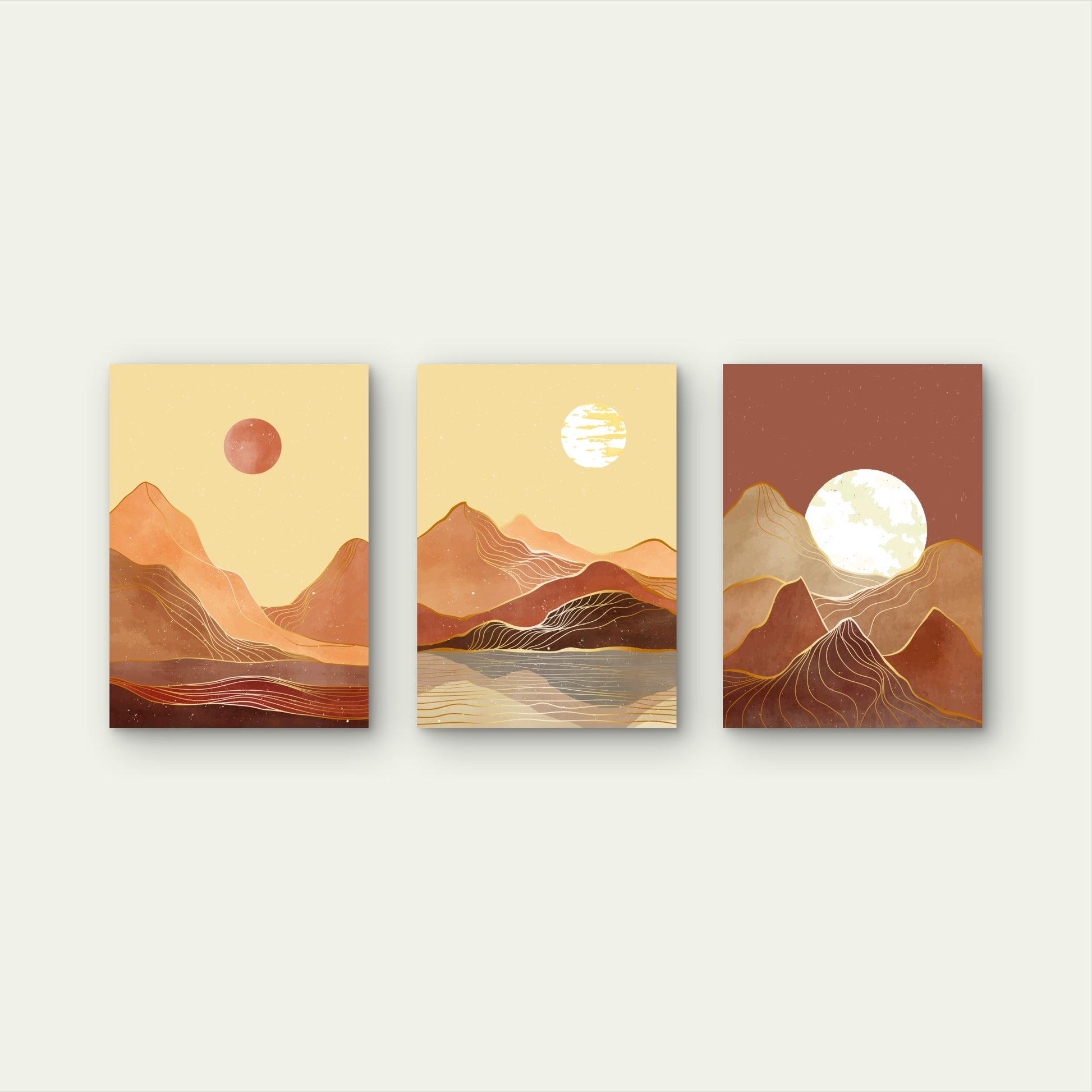 3pcs Boho Terracotta Mountain Sun Landscape Wall Art Set Canvas Framed 40x60cm - High Quality Print 100% Australian Made Wall Canvas Ready to Hang