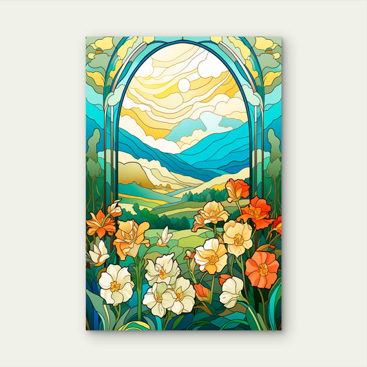 Mountain Window Glass Meadow Wildflower 40x60cm Metal Print Ready to Hang
