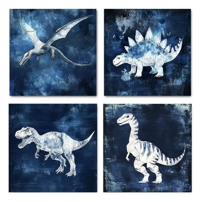4pcs Navy Blue Dinosau Elegant Modern  Wall Art Canvas Framed