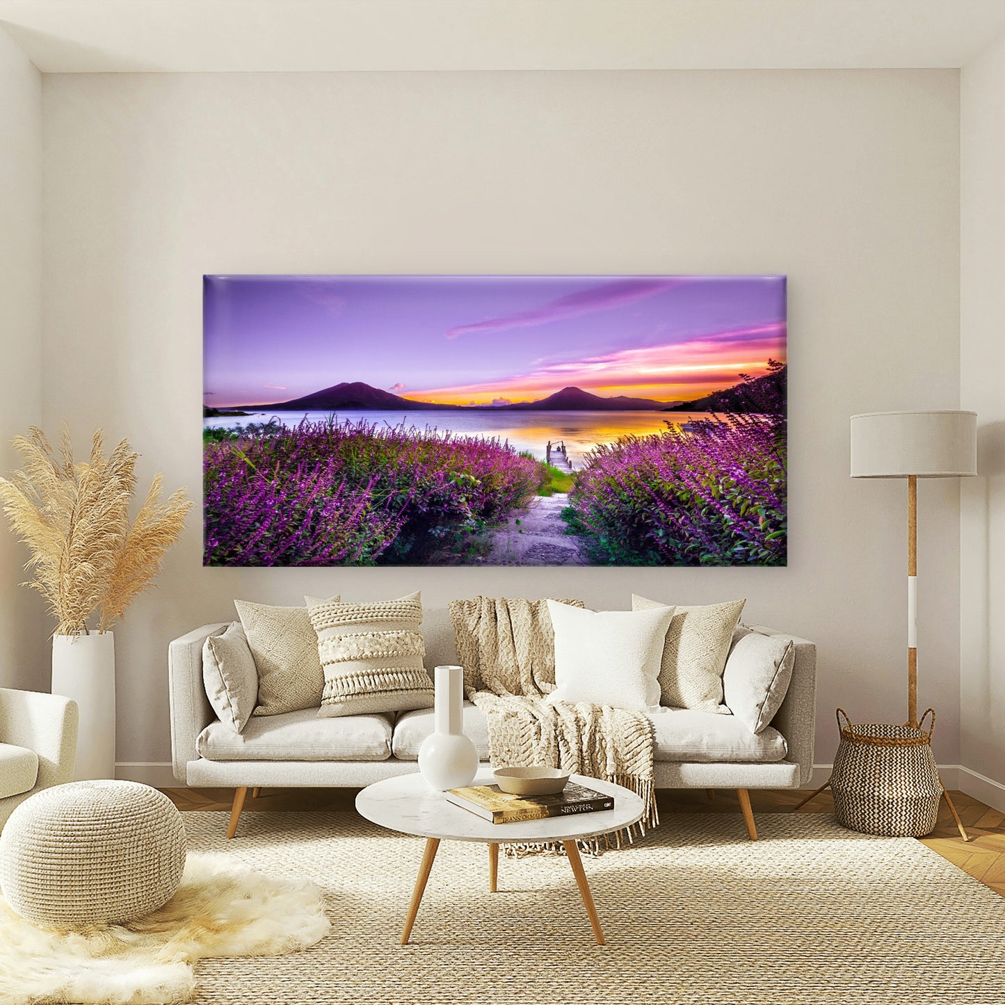 Purple Flowers By The Lake Wall Art Canvas Office Home Room Framed 120x60cm