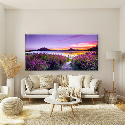 Purple Flowers By The Lake Wall Art Canvas Office Home Room Framed 120x60cm