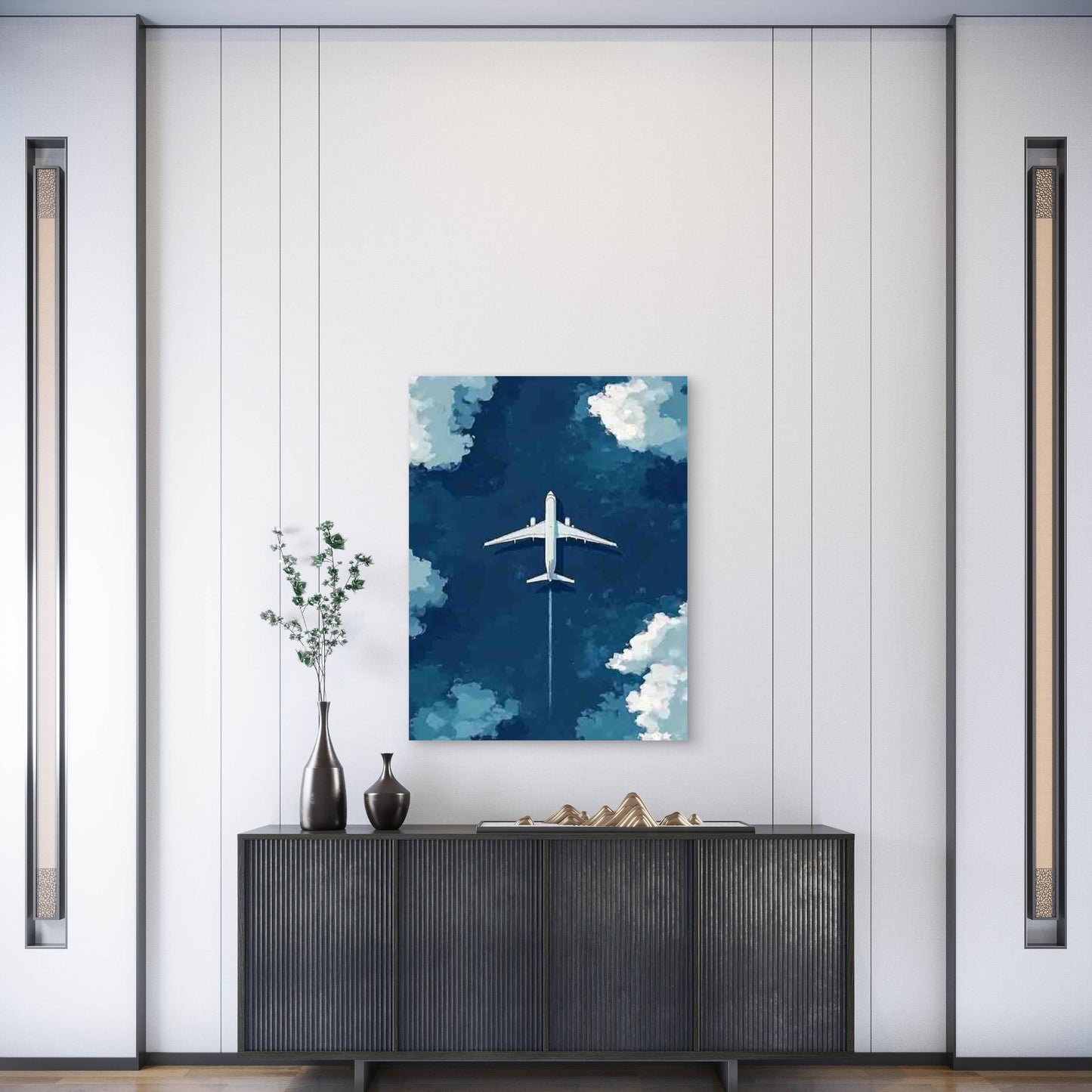 Airplane Clouds Blue Sky Modern Minimalist 60x90cm Metal Print Ready to Hang - Bella Home Decor