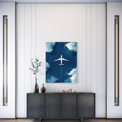 Airplane Clouds Blue Sky Modern Minimalist 60x90cm Metal Print Ready to Hang - Bella Home Decor
