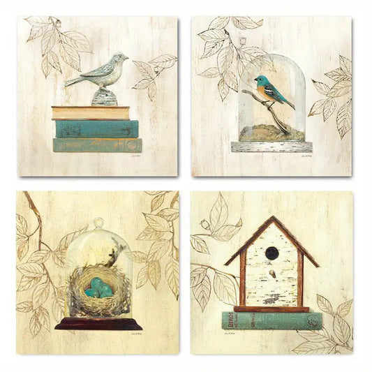 4pcs  Rustic Bird & Nest Nature Scene BN   Wall Art Canvas Framed
