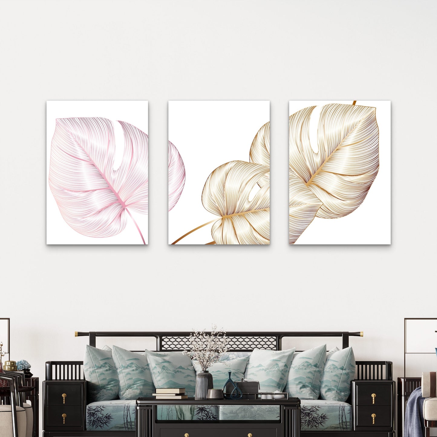 3pcs Pink Gold Monstera Tropical Leaf Wall Art Set Canvas Framed 40x60cm - High Quality Print 100% Australian Made Wall Canvas Ready to Hang