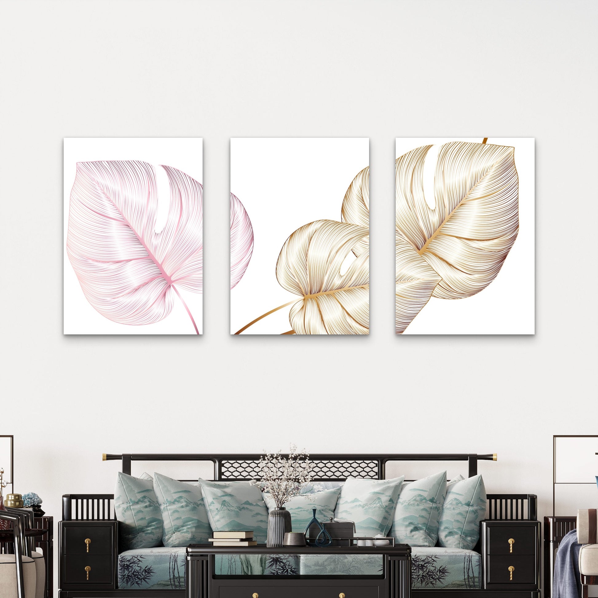 3pcs Pink Gold Monstera Tropical Leaf Wall Art Set Canvas Framed 40x60cm - High Quality Print 100% Australian Made Wall Canvas Ready to Hang