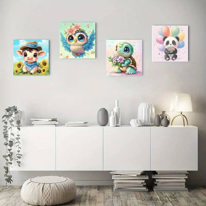 4pcs Cow, Owl, Turtle & Panda, Vibrant    Wall Art Canvas Framed