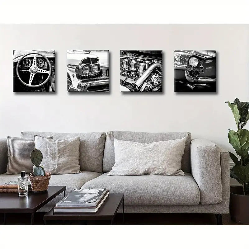 4pcs Black & White Vintage Car  Wall Art Canvas Framed - Bella Home Decor