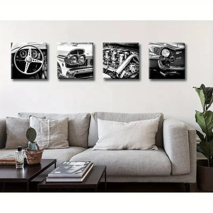 4pcs Black & White Vintage Car  Wall Art Canvas Framed - Bella Home Decor