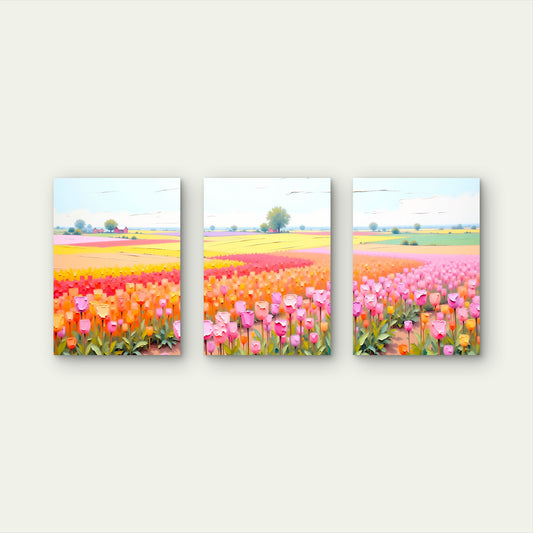 3pcs Vibrant Spring Tulip Field Abstract Wall Art Set Canvas Framed 60x90cm - High Quality Print 100% Australian Made Wall Canvas Ready to Hang