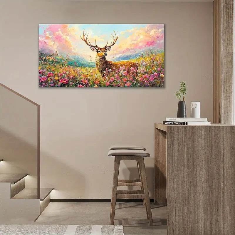 Large Rustic Wildlife Nature Deer Wildflower Wall Art canvas office home room framed 120x60cm - Bella Home Decor