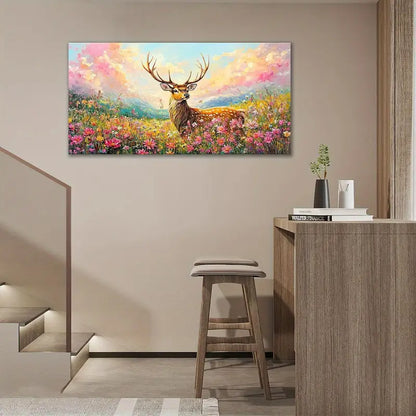 Large Rustic Wildlife Nature Deer Wildflower Wall Art canvas office home room framed 120x60cm - Bella Home Decor