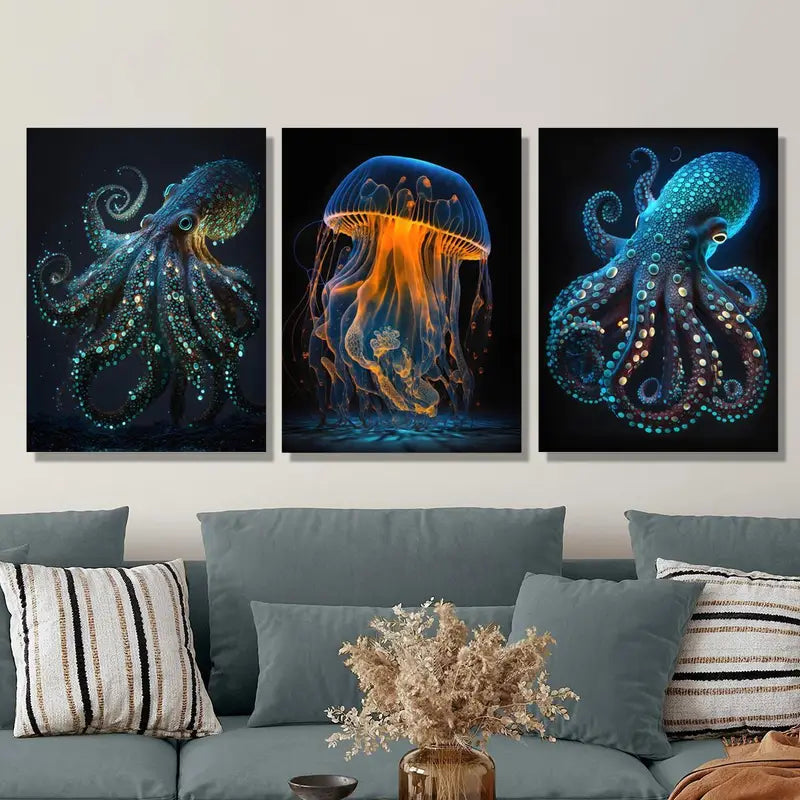 3pcs  Glowing Marine Life Fantasy Octopus & Jellyf Metal Print Ready to Hang Art - Bella Home Decor