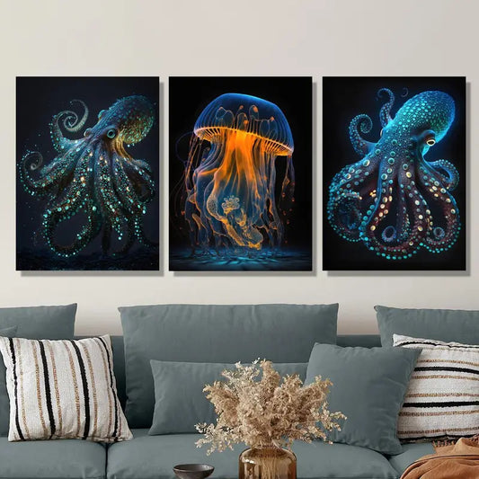 3pcs Glowing Marine Life Fantasy Octopus & Jellyf Metal Print Ready to Hang Art