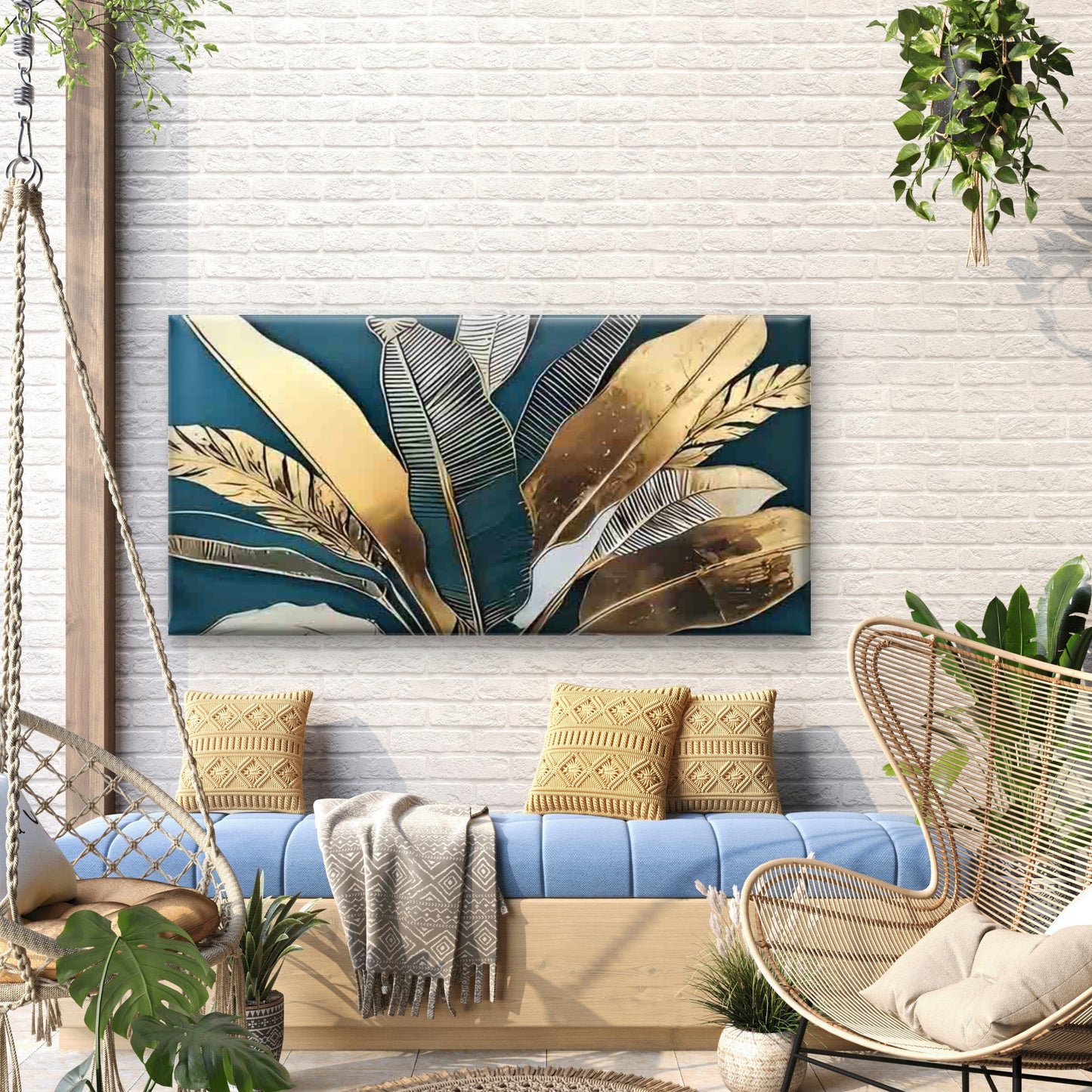 Golden Tropical Monstera & Palm Wall Art Canvas Office Home Room Framed 120x60cm - Bella Home Decor