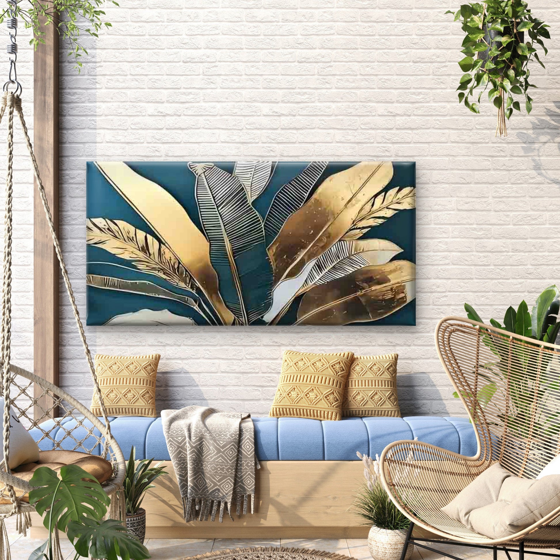 Golden Tropical Monstera & Palm Wall Art Canvas Office Home Room Framed 120x60cm - Bella Home Decor