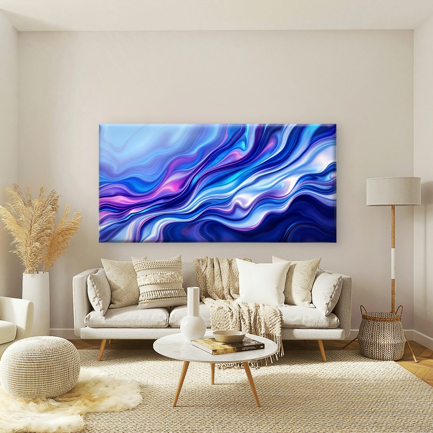 Blue Purple Fluid Waves Wall Art Canvas Office Home Room Framed 120x60cm - Bella Home Decor