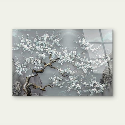 Traditional Chinese Blossom Tree Painting On Grey Landscape Acrylic Glass Printing Wall Art Australian Made Quality
