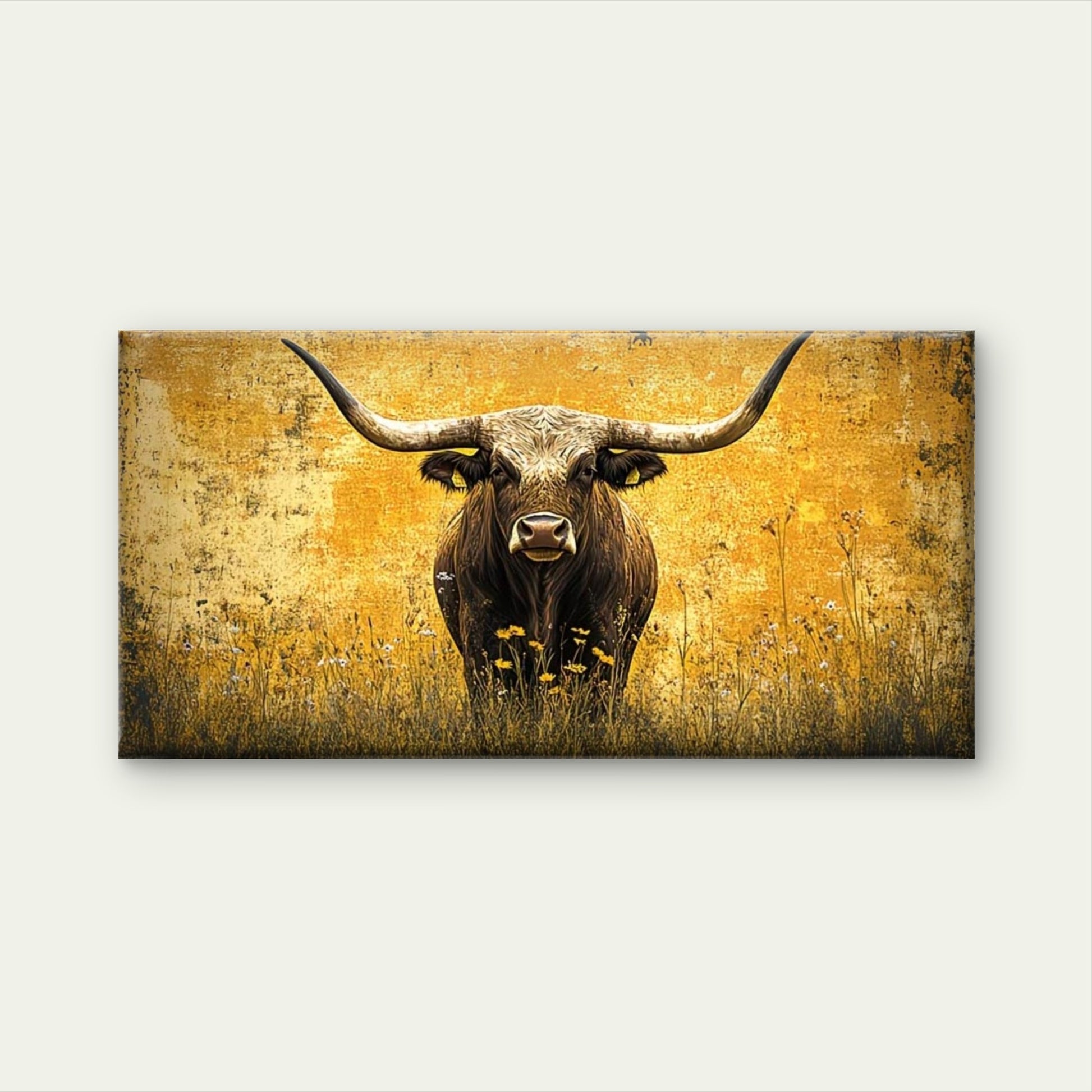Longhorn Bull in Wildflower Wall Art Canvas Office Home Room Framed 120x60cm - Bella Home Decor