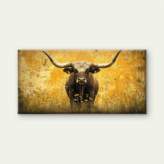 Longhorn Bull in Wildflower Wall Art Canvas Office Home Room Framed 120x60cm