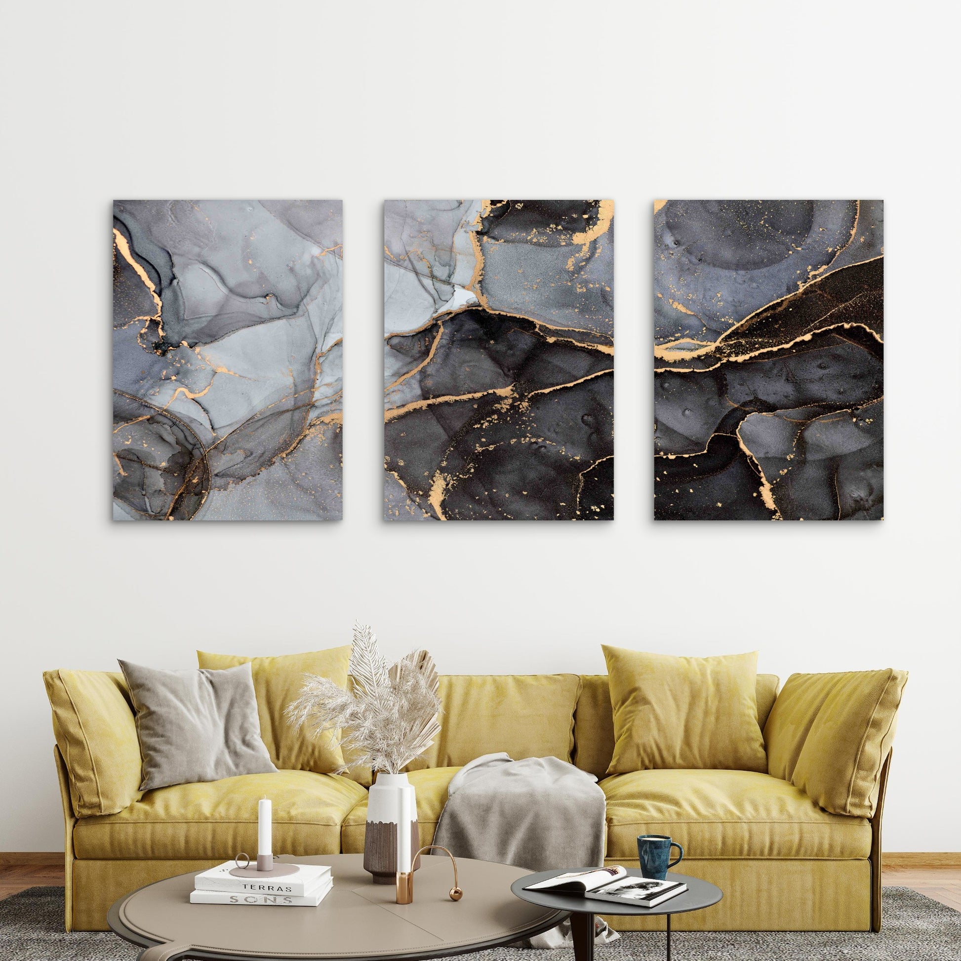 3pcs Black and Gold Marble Pattern Metal Print Ready to Hang Art - Bella Home Decor