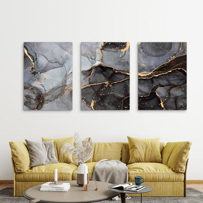 3pcs Black and Gold Marble Pattern Metal Print Ready to Hang Art - Bella Home Decor