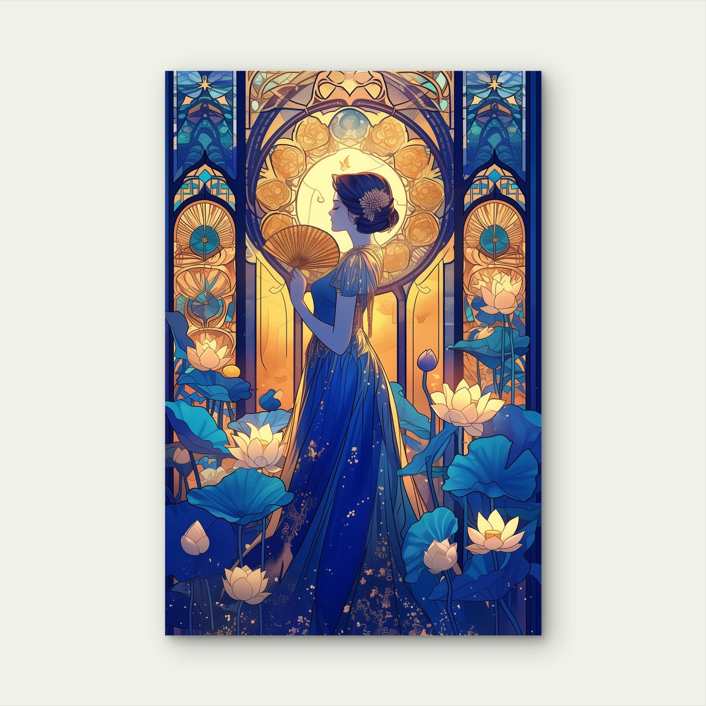 Elegant Woman Blue Gown stained glass art 40x60cm Metal Print Ready to Hang