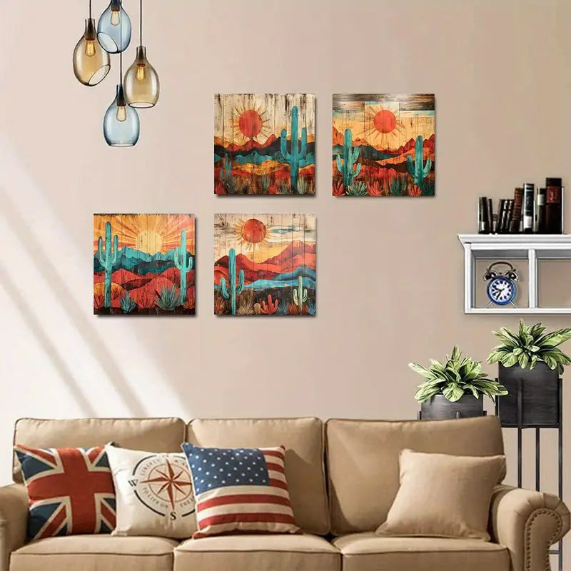 4pcs Sunset with Cacti & Mountain    Wall Art Canvas Framed