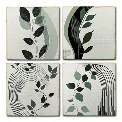 4pcs Summer Decor With Green Leaves Wall Art Canvas Framed