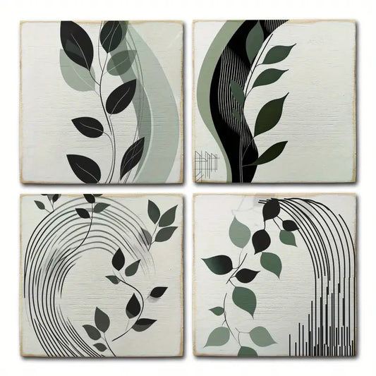 4pcs Summer Decor With Green Leaves Wall Art Canvas Framed