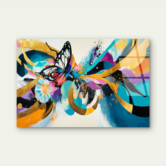 Teal Gold Butterfly Abstract Glass Printing Wall Art Australian Made Quality