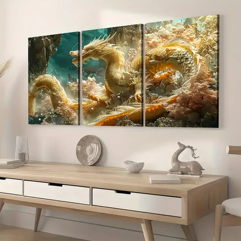 3pcs Golden Dragon Abstract Art Landscape Wall Art Set Canvas Unframed - High Quality Print 100% Australian Made Wall Canvas