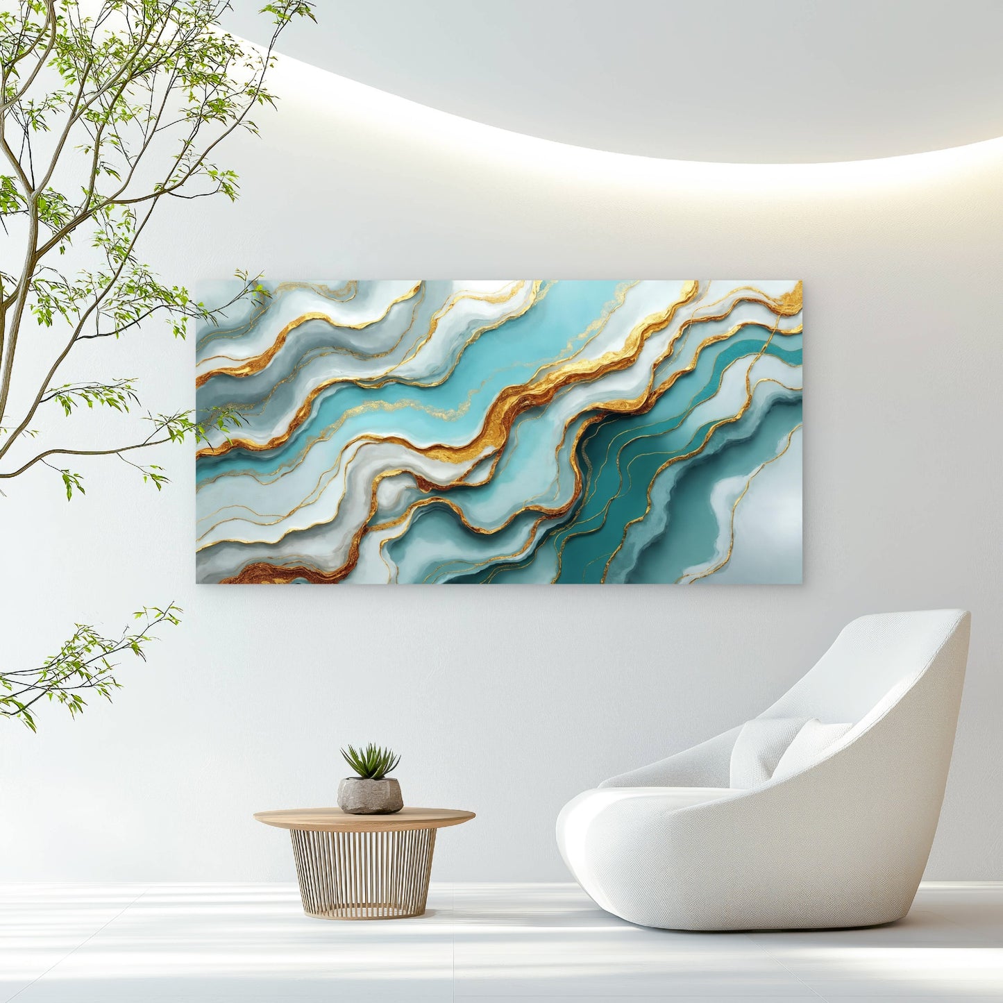 Turquoise Tides Gilded Ripples Wall Art Canvas Office Home Room Framed 120x60cm - Bella Home Decor